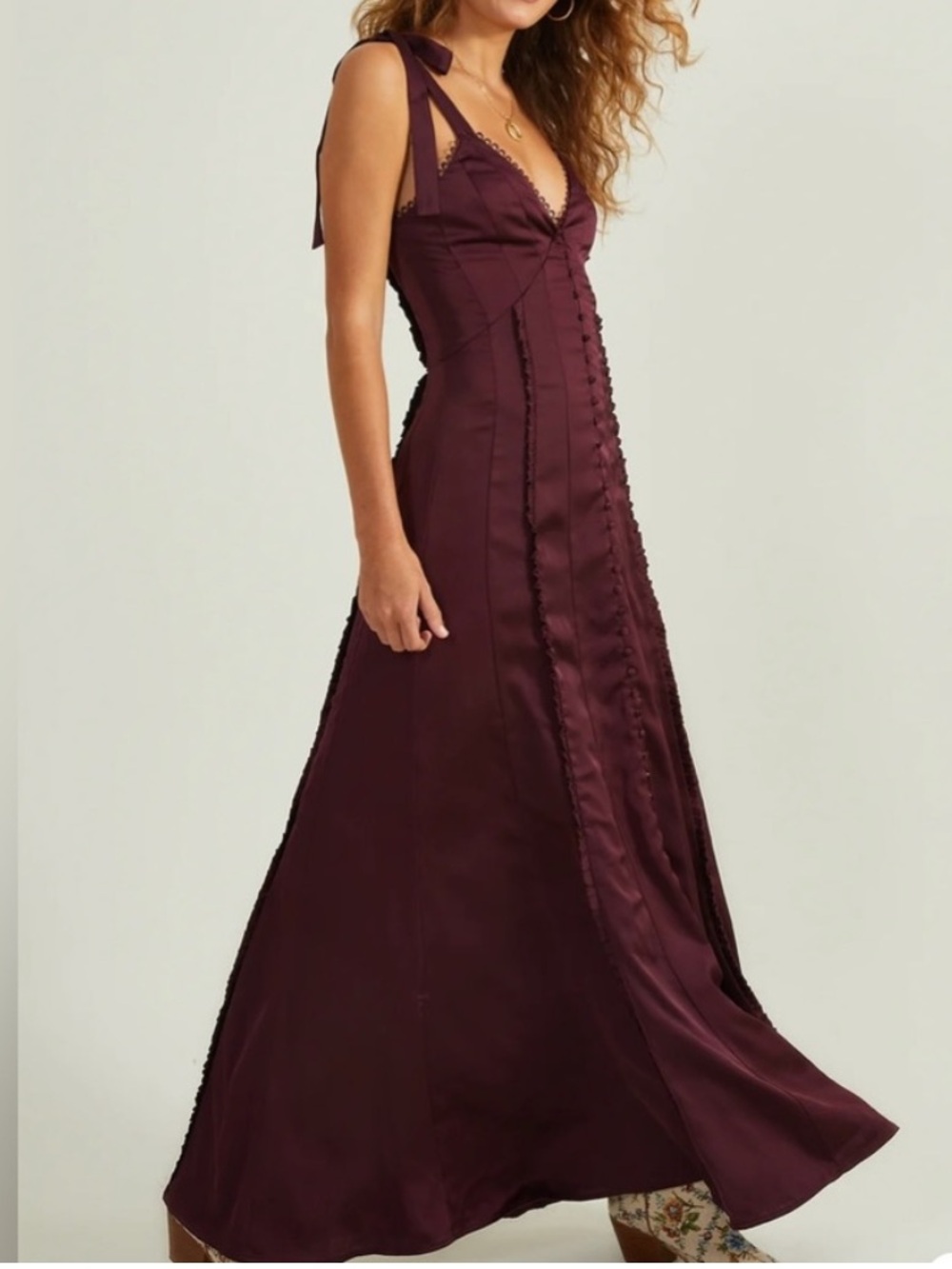 Altar’d State Jacindy Maxi Satin Corset Tie Back Dress Burgundy Wine XS